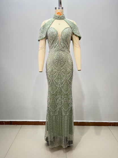 Cold Shoulder Crystal Pearl Maxi Dress Green HV2951