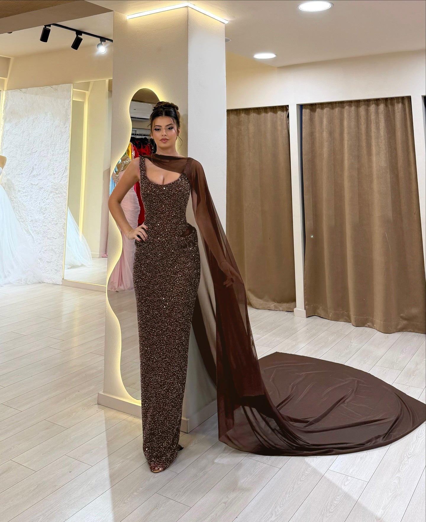 Mesh Insert Sparkly Maxi Dress Brown HV0061