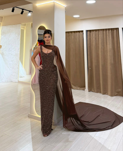 Mesh Insert Sparkly Maxi Dress Brown HV0061