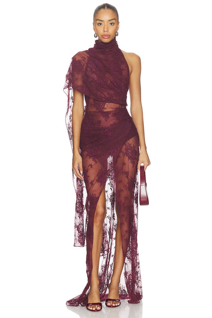 One Shoulder Lace Maxi Dress Burgundy HV2970