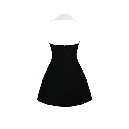 Halter Lapel Collar Dress Black White HV2543