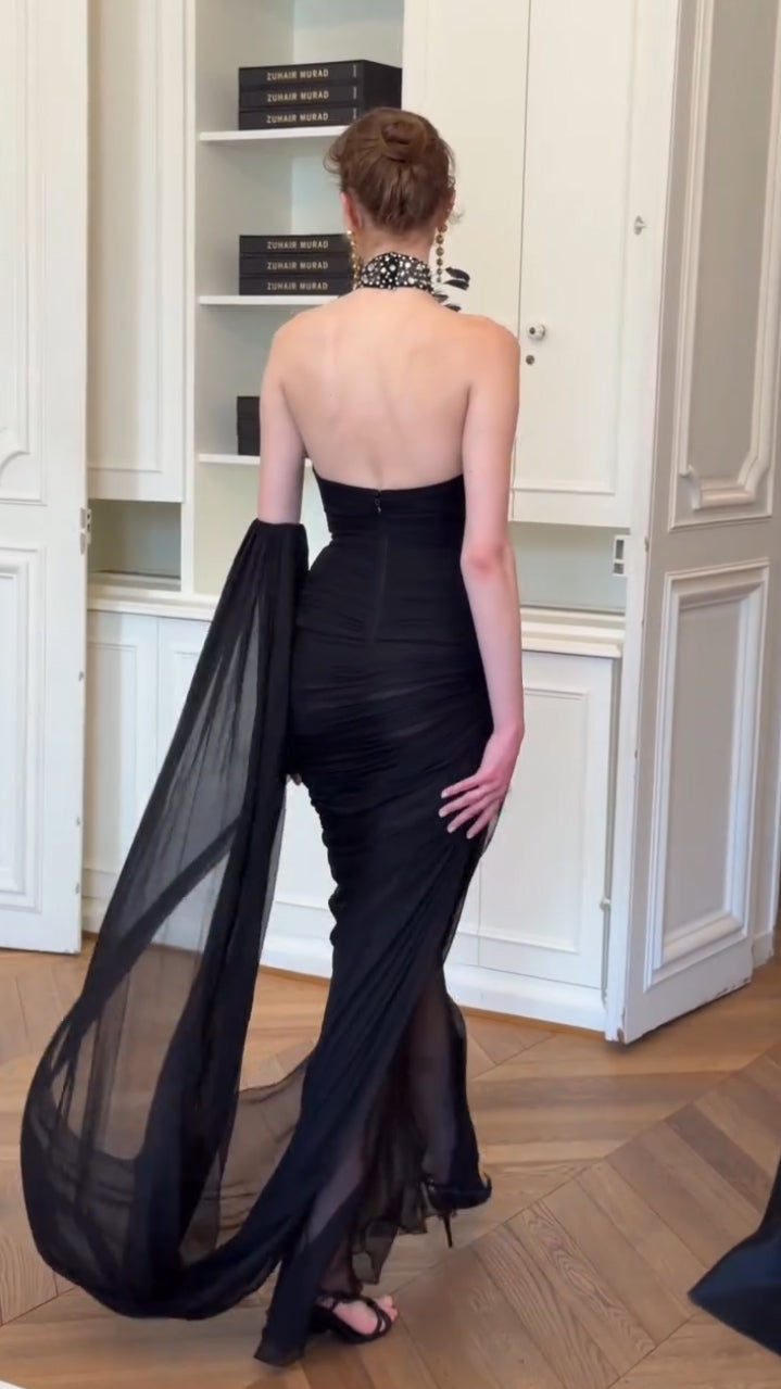 Halter Crystal Feather Draped Mesh Maxi Dress Black HV3081