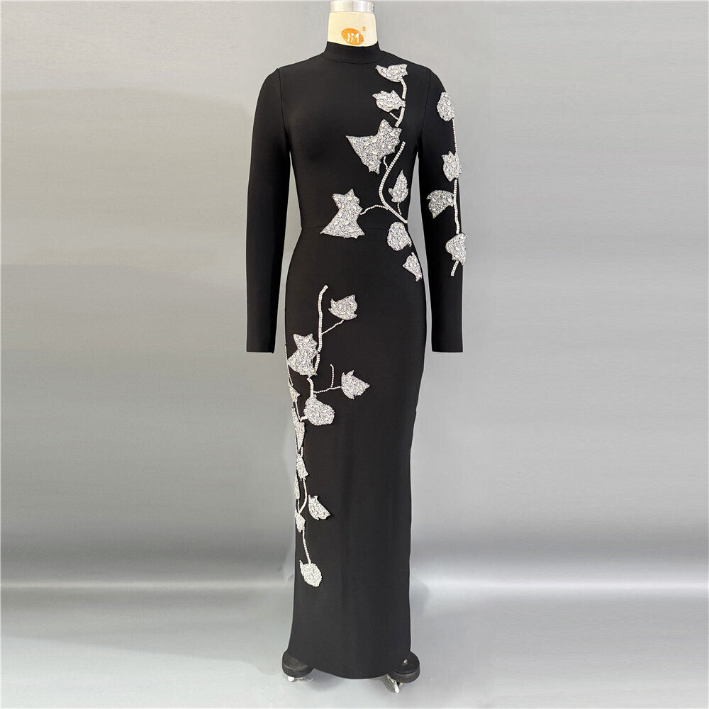 Long Sleeve Floral Crystal Maxi Dress Black HV2646