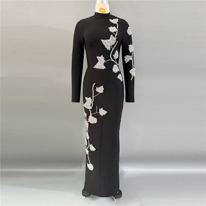 Long Sleeve Floral Crystal Maxi Dress Black HV2646