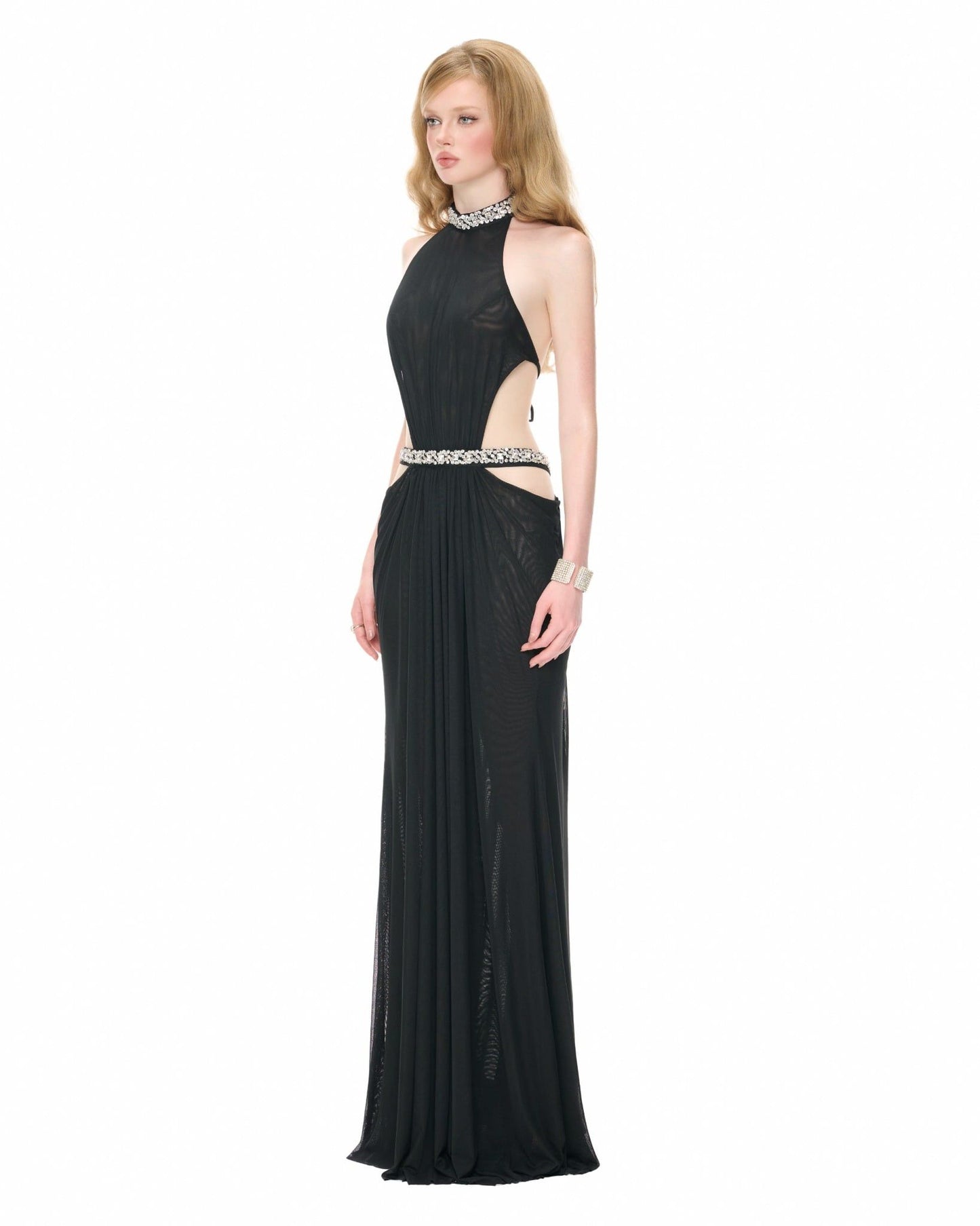 Halter Crystal Draped Backless Maxi Dress HV0122