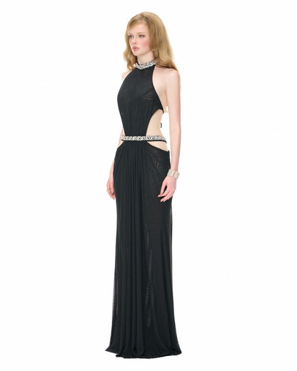 Halter Crystal Draped Backless Maxi Dress HV0122