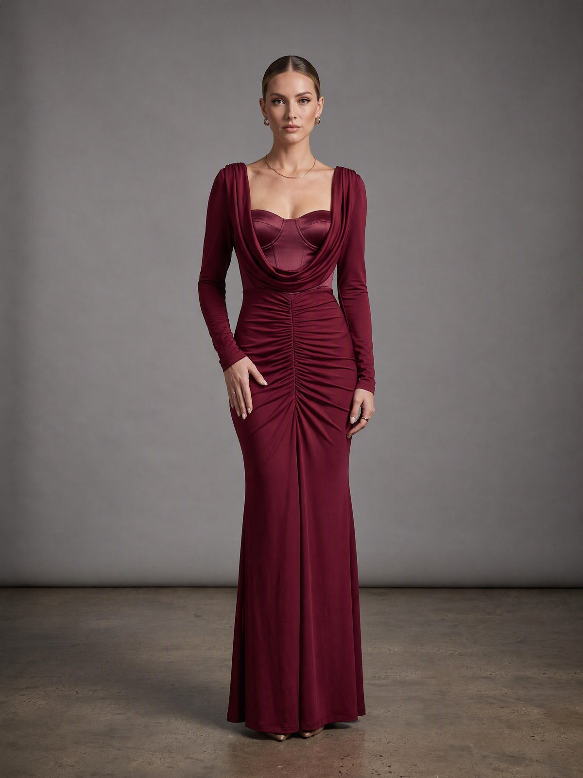 Long Sleeve Draped Bustier Maxi Dress Burgundy HV3231