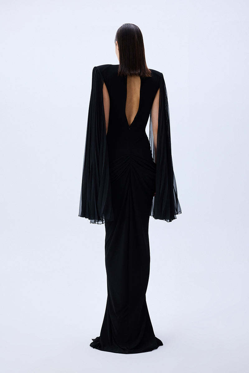 ชุดเดรสกำมะหยี่ยาวตาข่าย Black HV2832