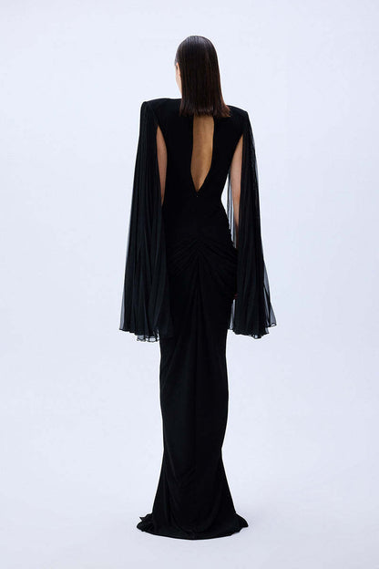 ชุดเดรสกำมะหยี่ยาวตาข่าย Black HV2832