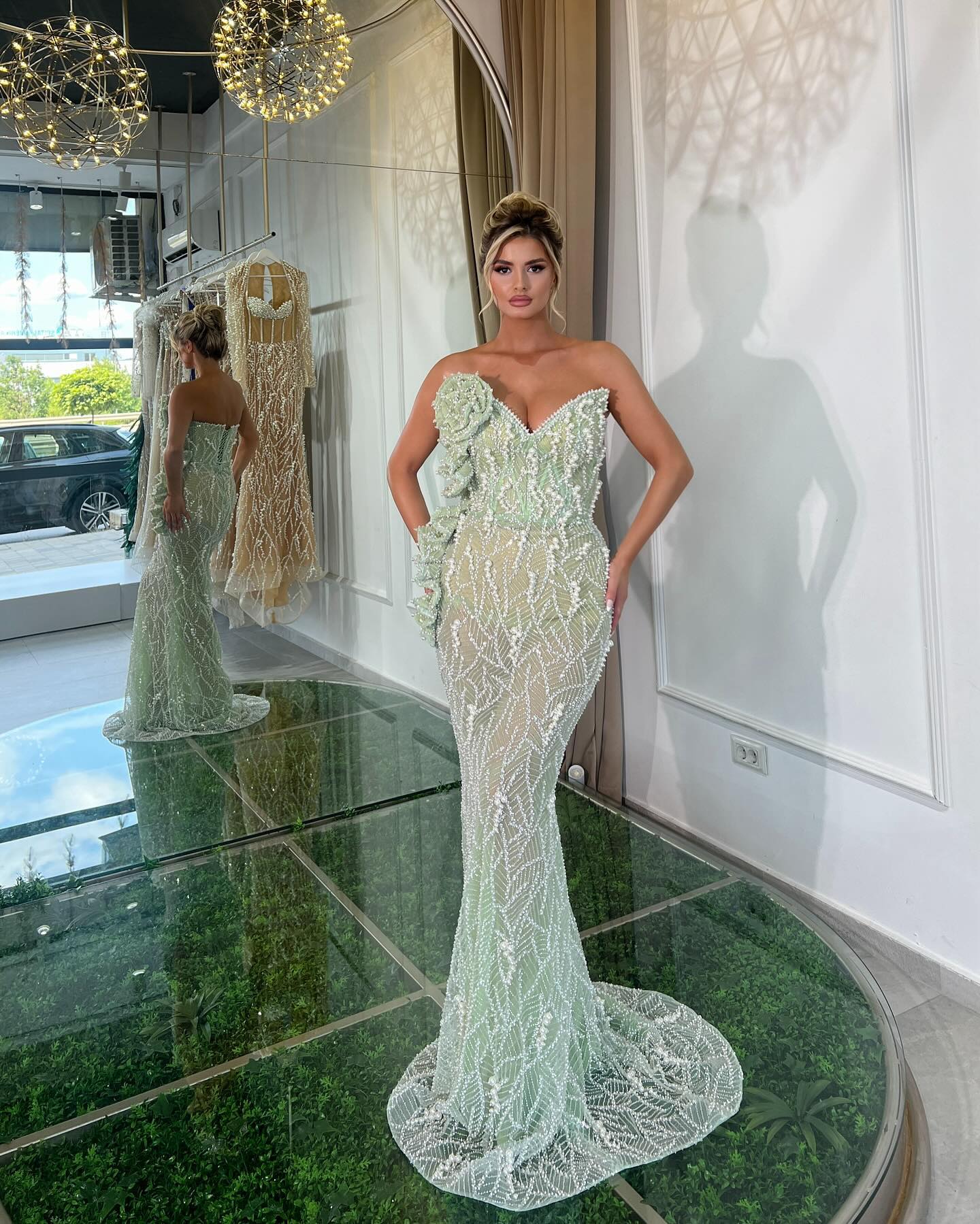 Strapless Floral Sequin Maxi Dress Green HV2227
