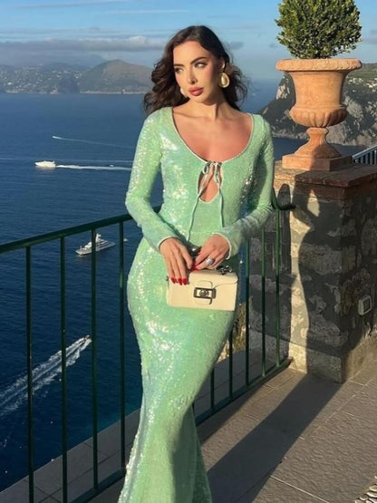 Long Sleeve Sequin Maxi Dress Green