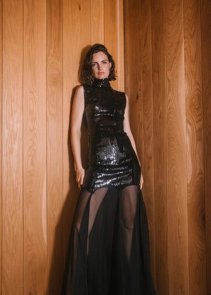 Sequin Mesh Insert Maxi Dress Black HV2197