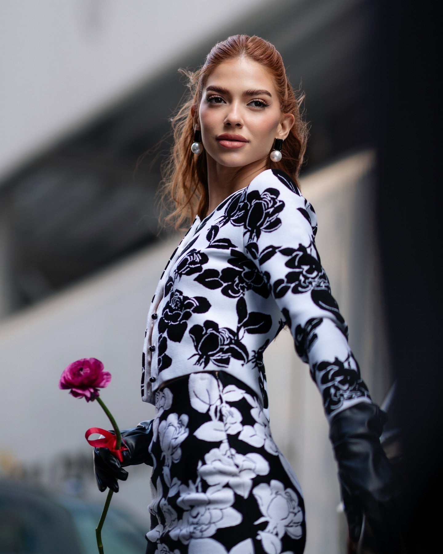 Long Sleeve Floral Two Piece Midi Dress Black White  HV2154
