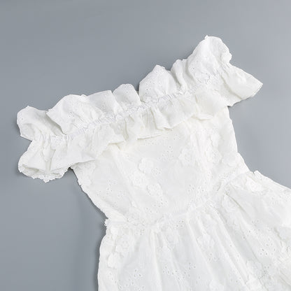 Ruffle Bardot A Line Midi Broderie Anglaise Dress White HV1407