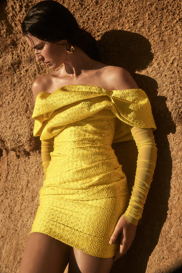 Long Sleeve Draped Off Shoulder Sparkly Dress Yellow HV9159