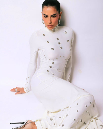 Long Sleeve Studded Maxi Dress White HV2621