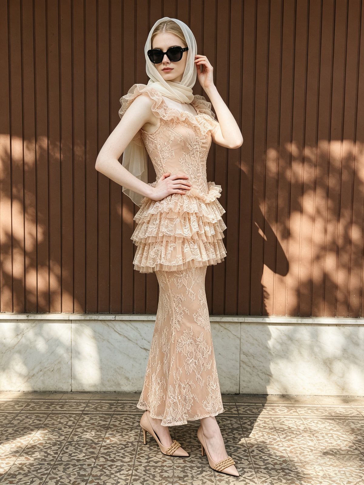 Ruffle Lace Maxi Dress Peach Nude HV3233