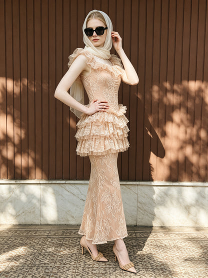 Ruffle Lace Maxi Dress Peach Nude HV3233