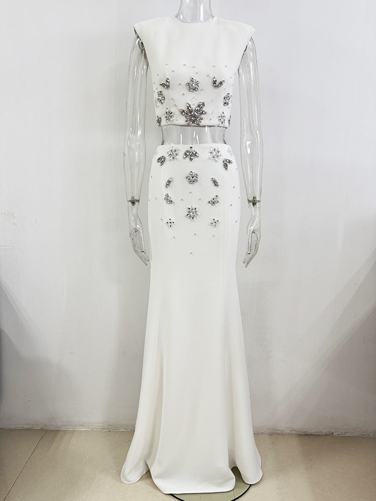 Crystal Flower Detail Two Piece Maxi Dress White HV2710