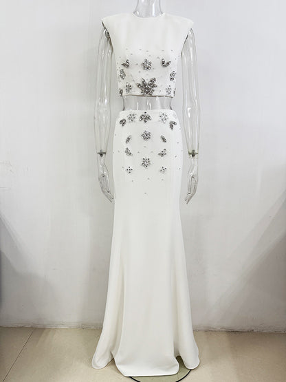 Crystal Flower Detail Two Piece Maxi Dress White HV2710