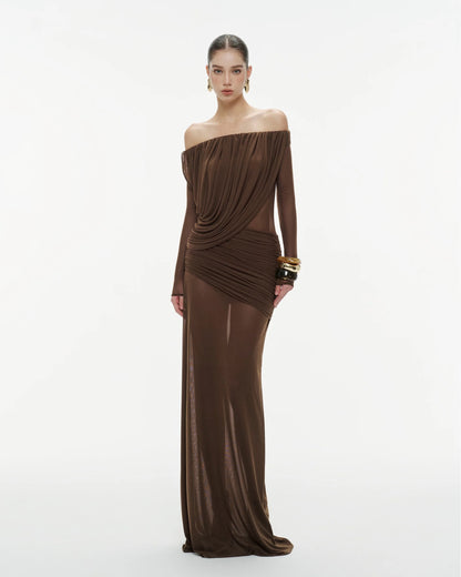 Long Sleeve Draped Bardot Maxi Dress Brown HV0066