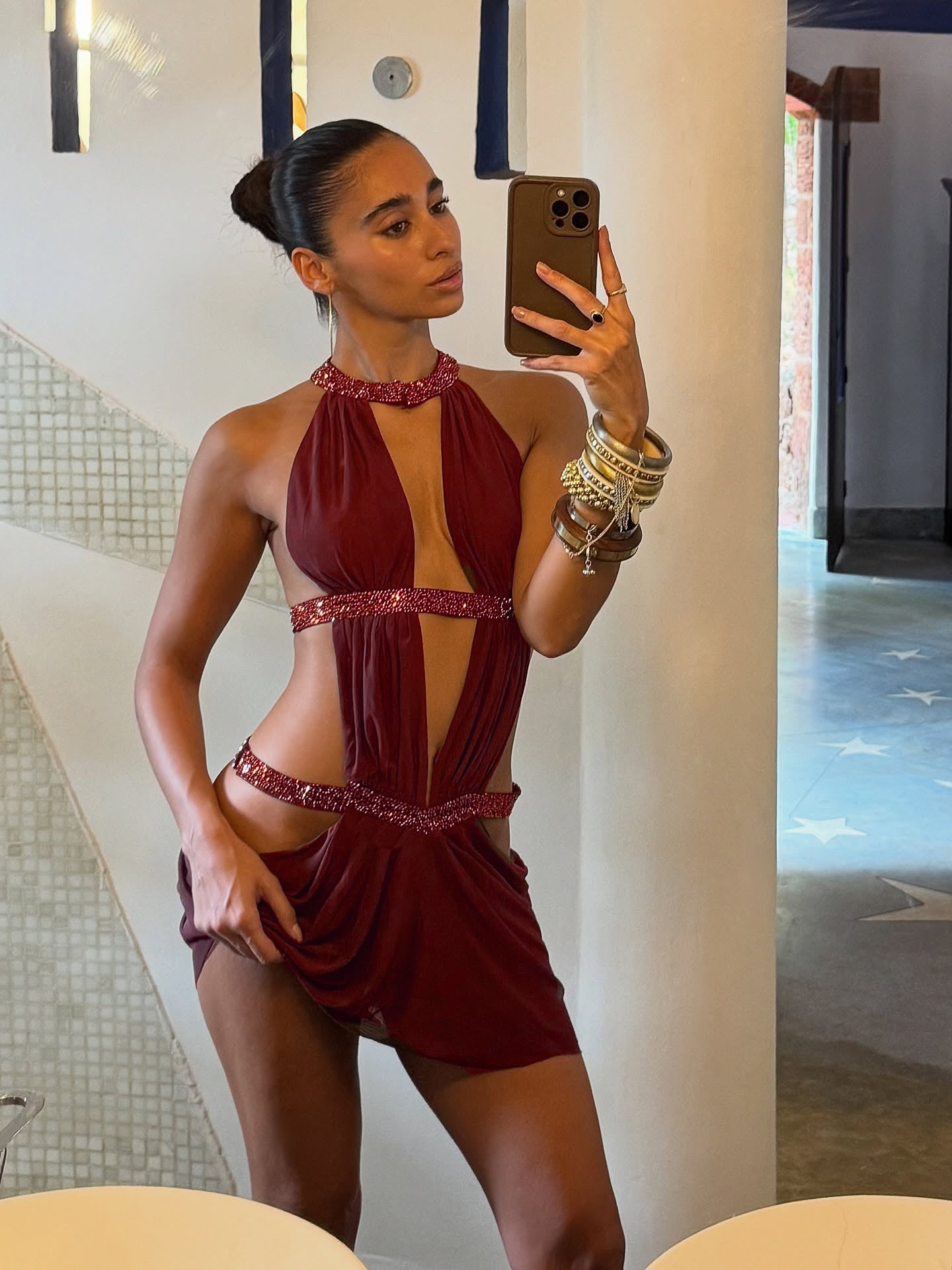 Halter Cut Out Detail Dress Burgundy HV3084