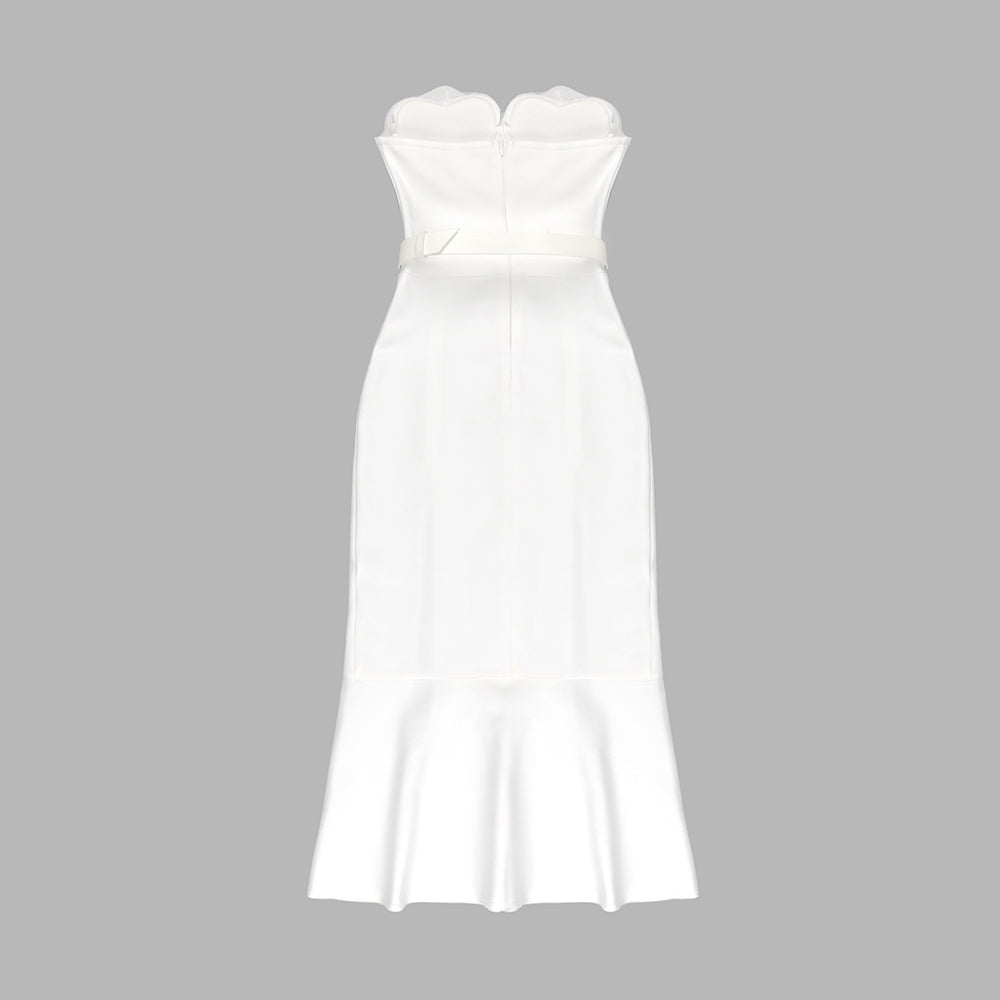 Strapless Heart Detail Belt Midi Dress White HV9638