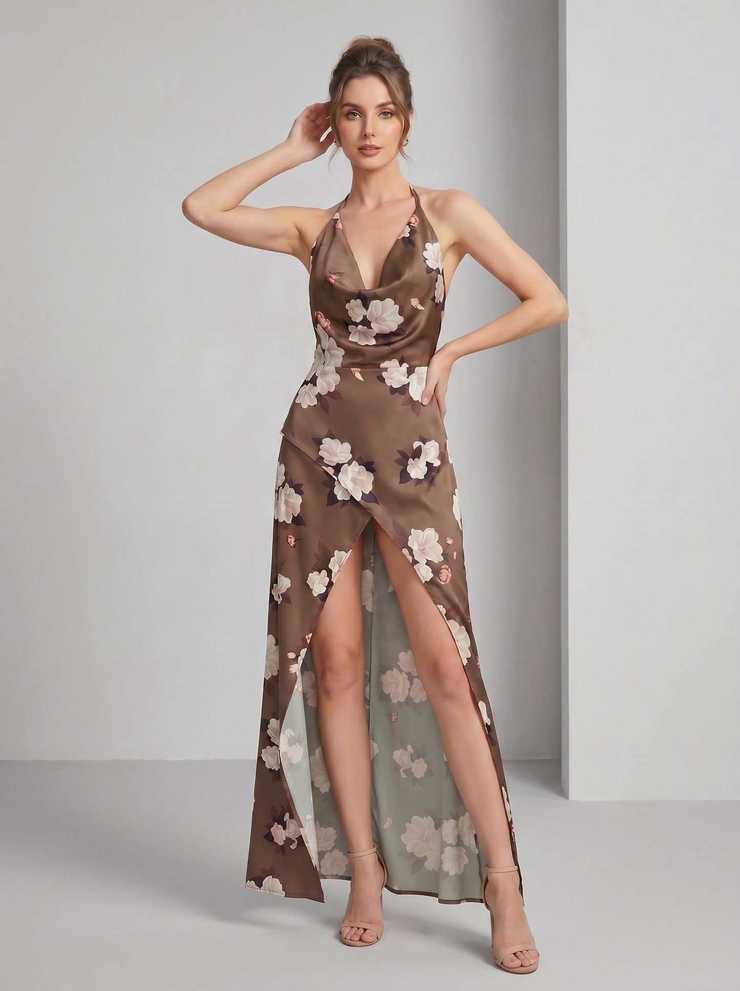 Halter Floral Maxi Dress Brown HV3086