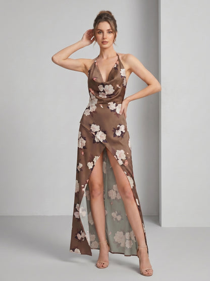 Halter Floral Maxi Dress Brown HV3086