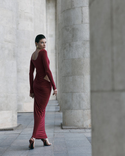 Long Sleeve Cut Out Detail Maxi Dress Burgundy HV3150