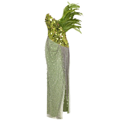 Strapless Feather Sequin Maxi Dress Green HV1498