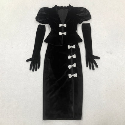 Short Sleeve Crystal Bow Midi Two Piece Velvet Dress Black HV2097