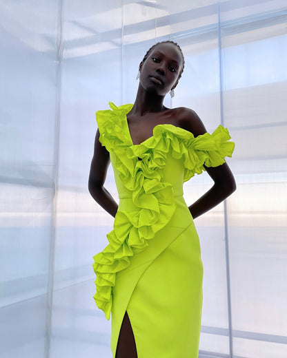 One Shoulder Ruffle Maxi Dress Neon Green HV1511