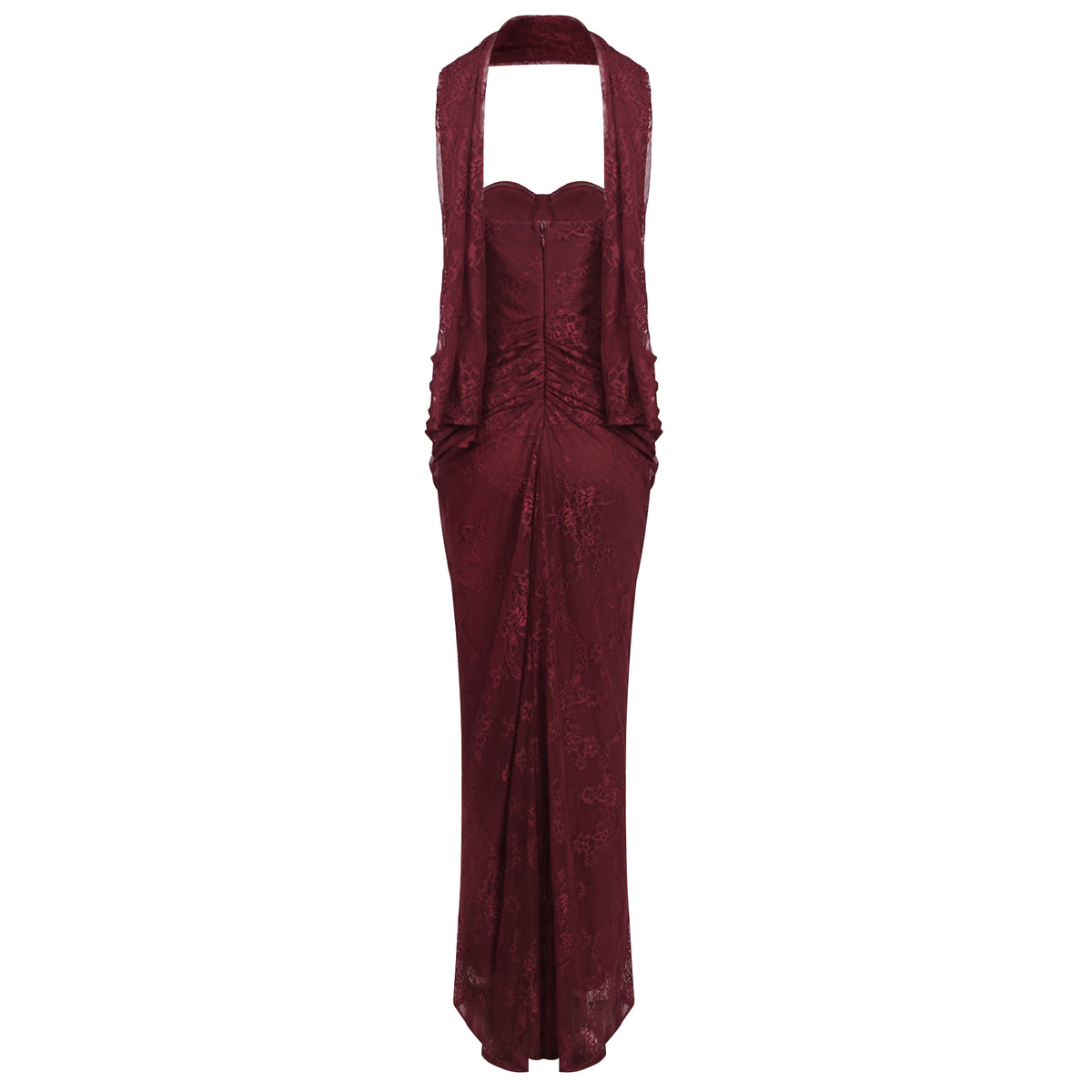 Strapless Draped Lace Bustier Maxi Dress Burgundy HV2706
