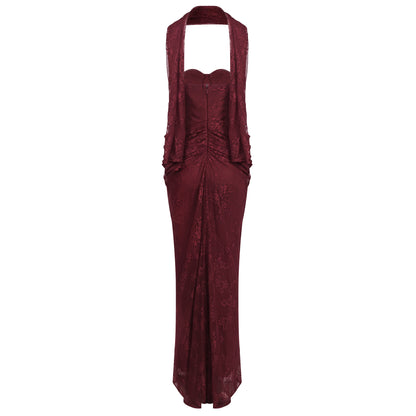 Strapless Draped Lace Bustier Maxi Dress Burgundy HV2706
