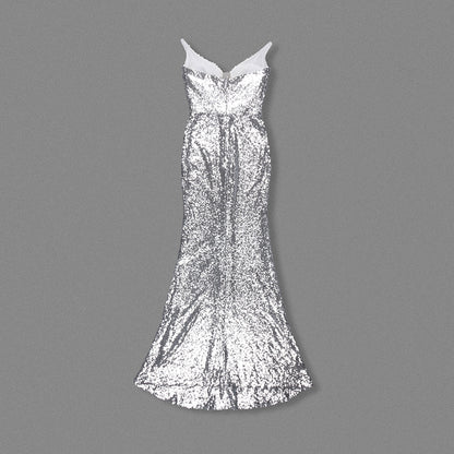 Strapless Crystal Sequin Maxi Dress Silver HV1886