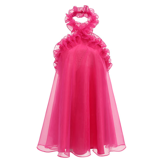 Halter Ruffle A Line Dress Hot Pink HV1344