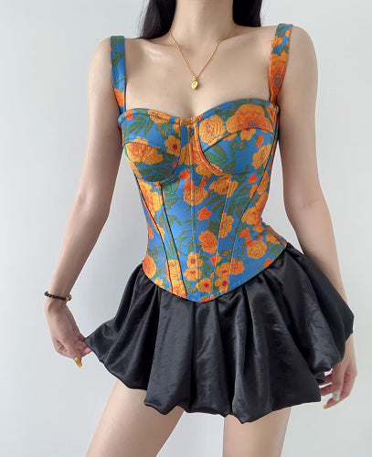 Floral Structured Bustier Top Blue Orange HV3039
