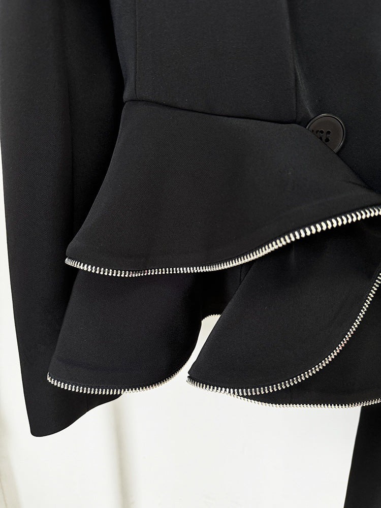 Long Sleeve Zipper Detail Peplum Suit Black HV1536