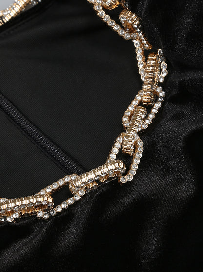 Crystal Chain Maxi Velvet Dress Black