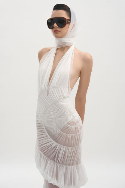 Halter Ruched Ruffle Maxi Dress White HV2589