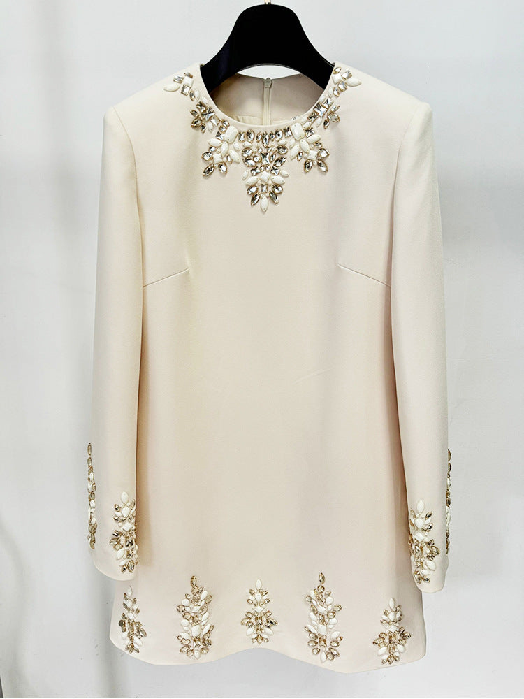 Long Sleeve Crystal A Line Dress Ivory