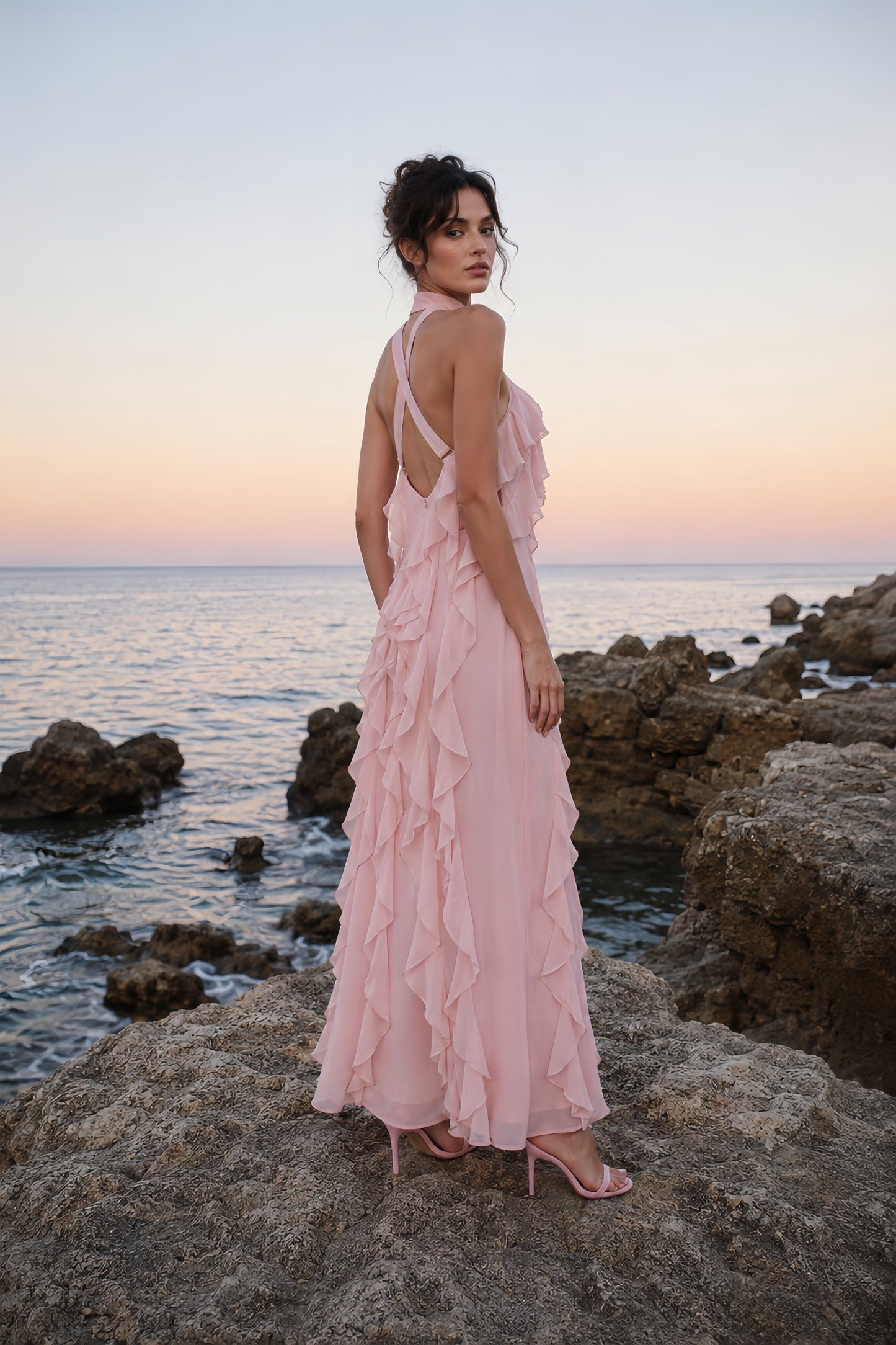 Halter Ruffle Detail Maxi Dress Pink HV3178