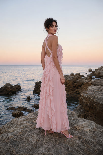 Halter Ruffle Detail Maxi Dress Pink HV3178
