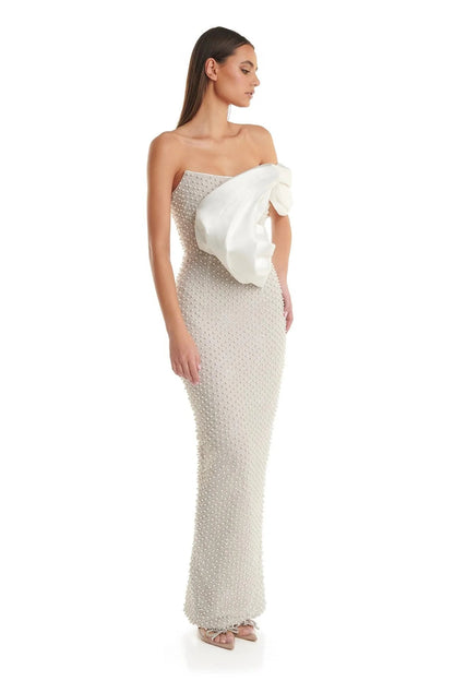 Draped Bardot Pearl Maxi Dress White HV1133