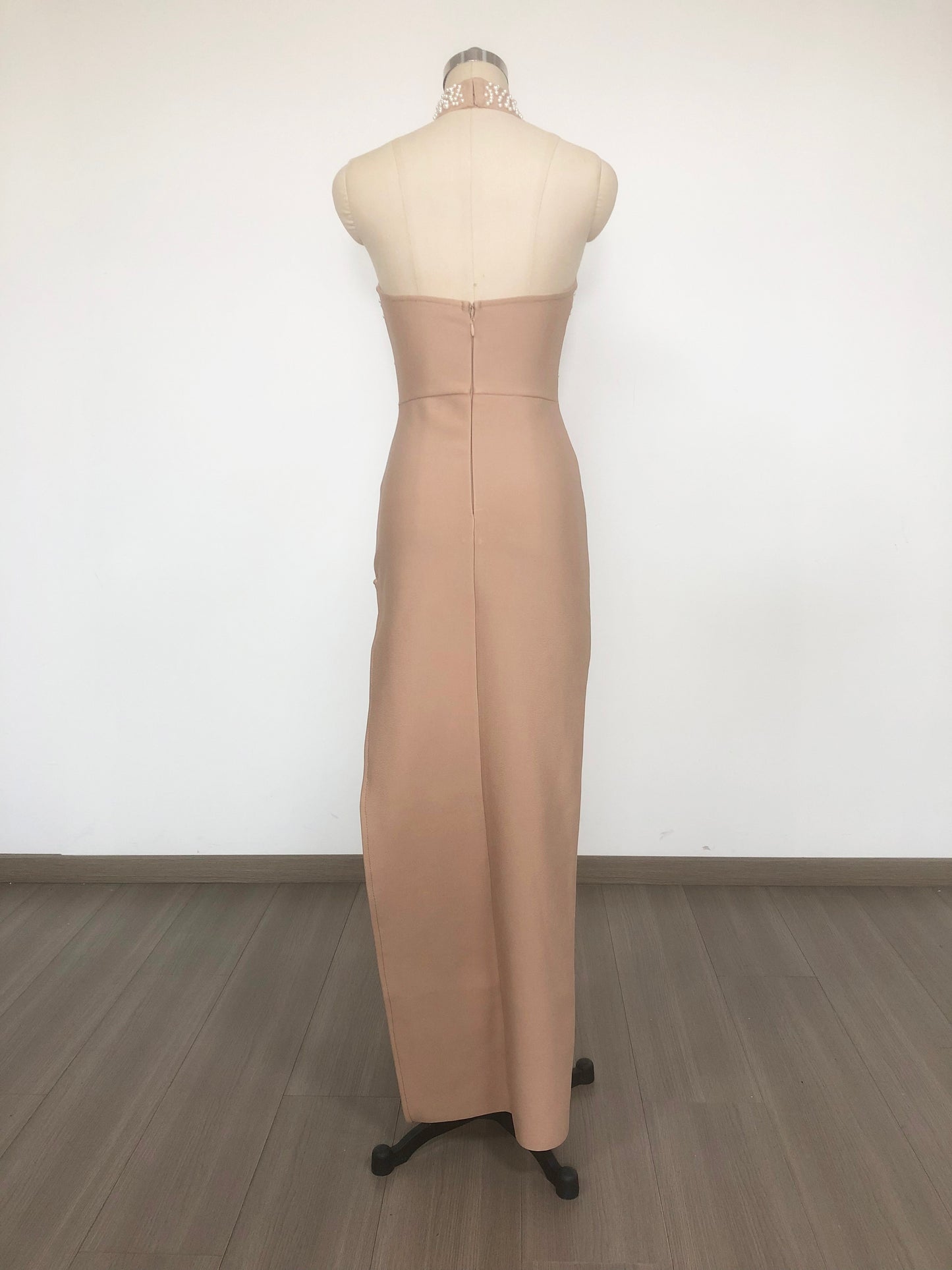 Halter Pearl Embellished Maxi Dress Nude HV2548