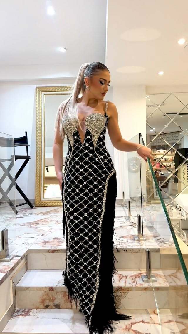 Tassel Bustier Sequin Maxi Dress Black Silver HV2927