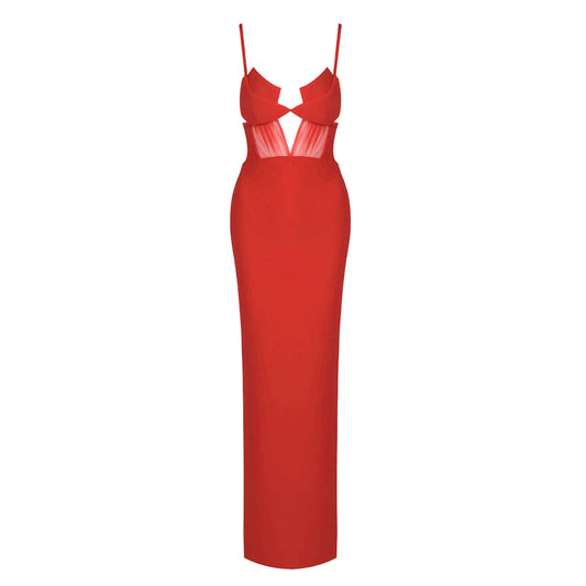Bustier Draped Mesh Insert Maxi Dress Red HV2094