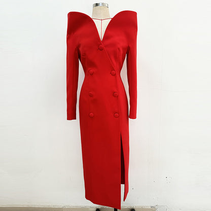 Long Sleeve Midi Coat Dress Red HV1714