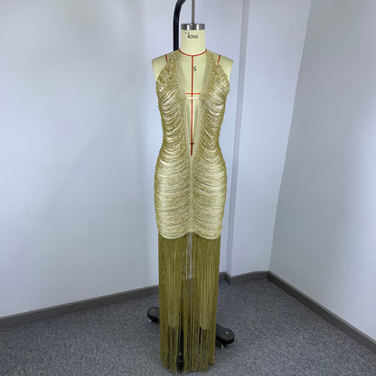 Halter Tassel Detail Maxi Dress Gold HV3109